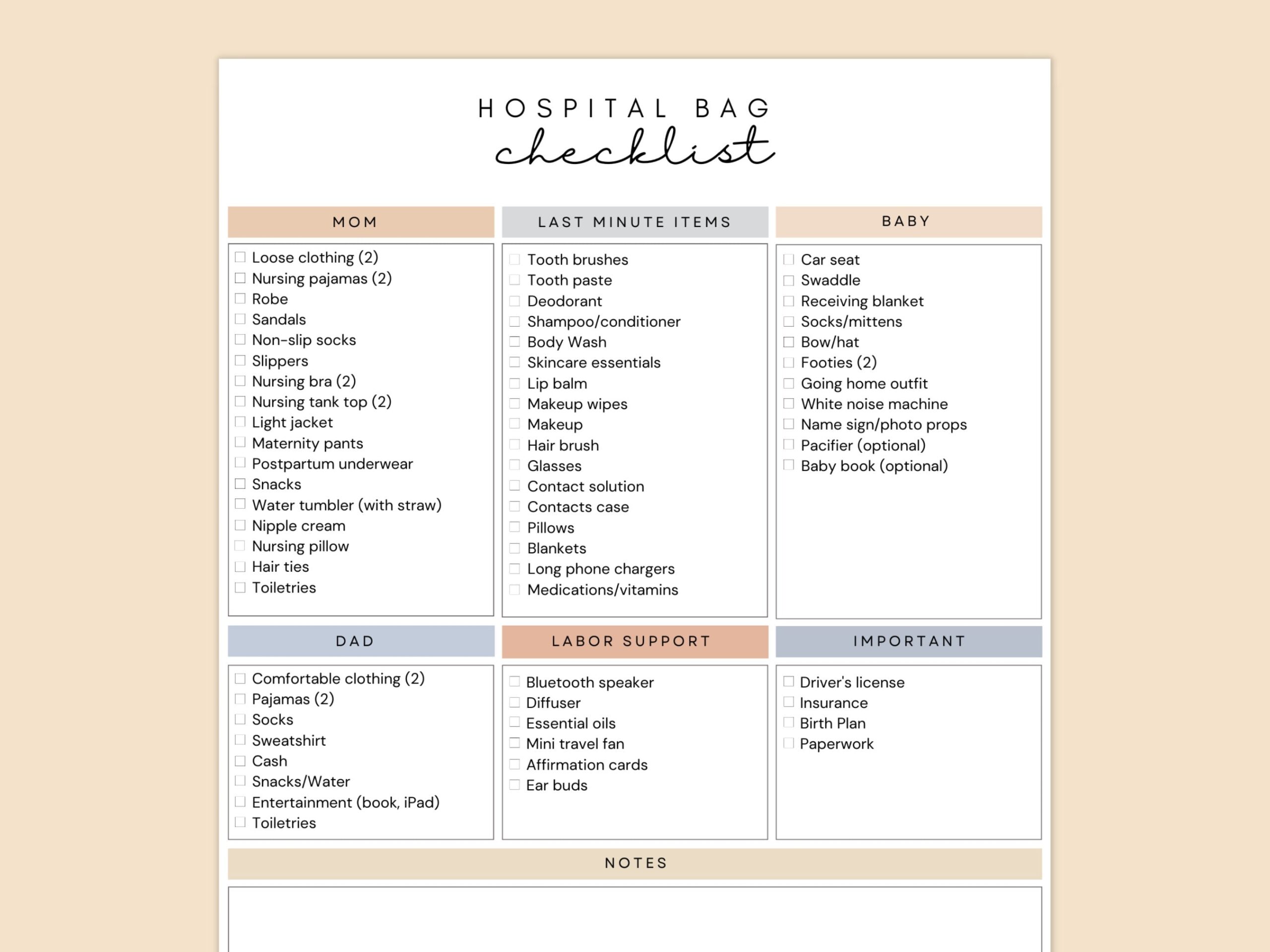 Hospital Bag Checklist For Labor And Delivery Editable Canva Checklist Template Printable Instant Download Etsy