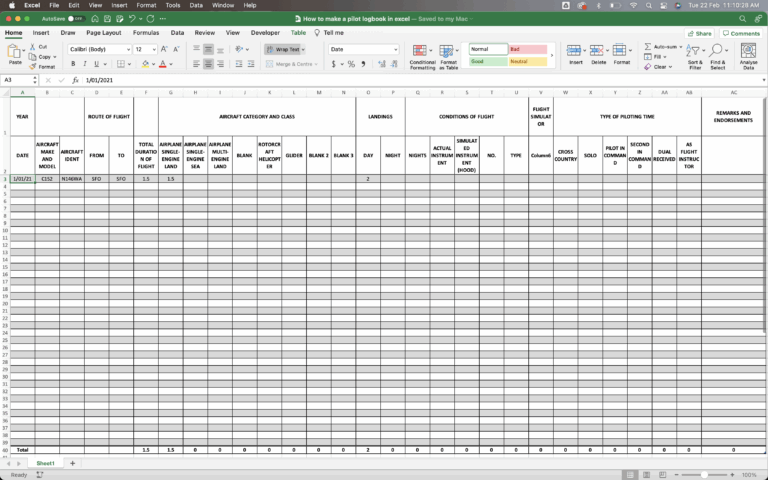 How To Make A Pilot Logbook Excel Pilot Logbook