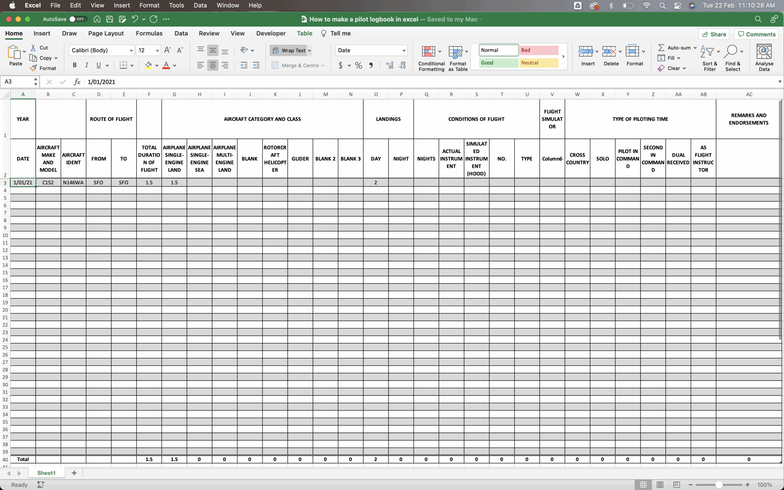 How To Make A Pilot Logbook Excel Pilot Logbook