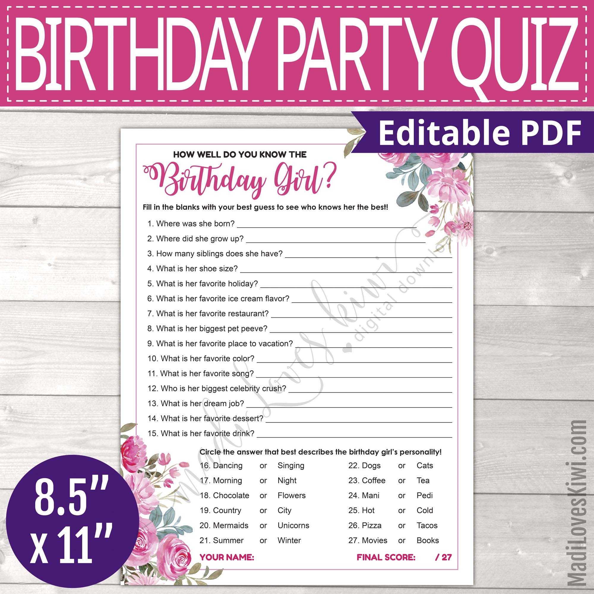How Well Do You Know The Birthday Girl Quiz Printable Who Knows Bday Girl Best Party Game