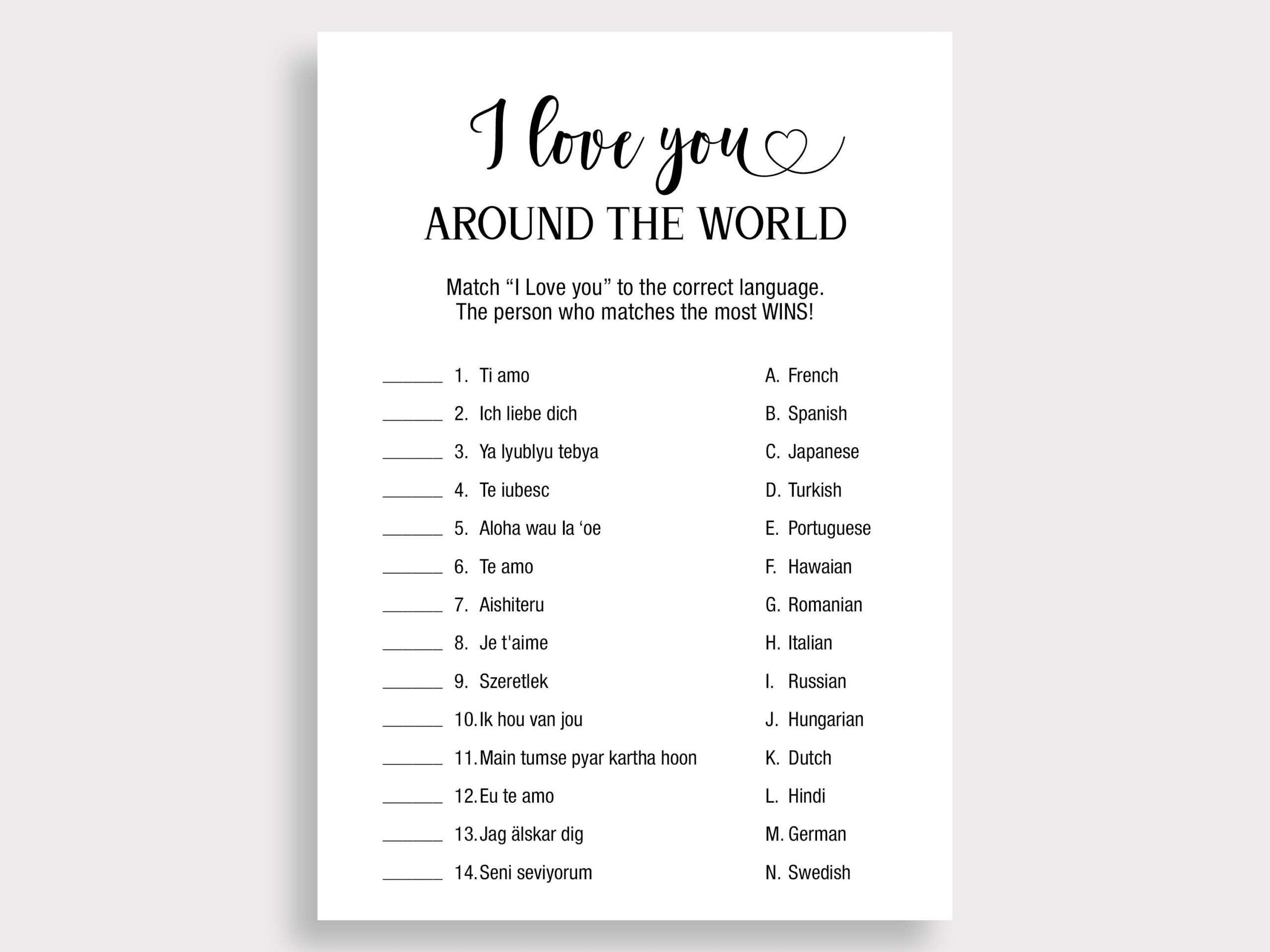 I Love You Around The World Bridal Shower Game Minimalist Couples Shower Game Simple Travel Bridal Shower Games Instant Download W18 Etsy