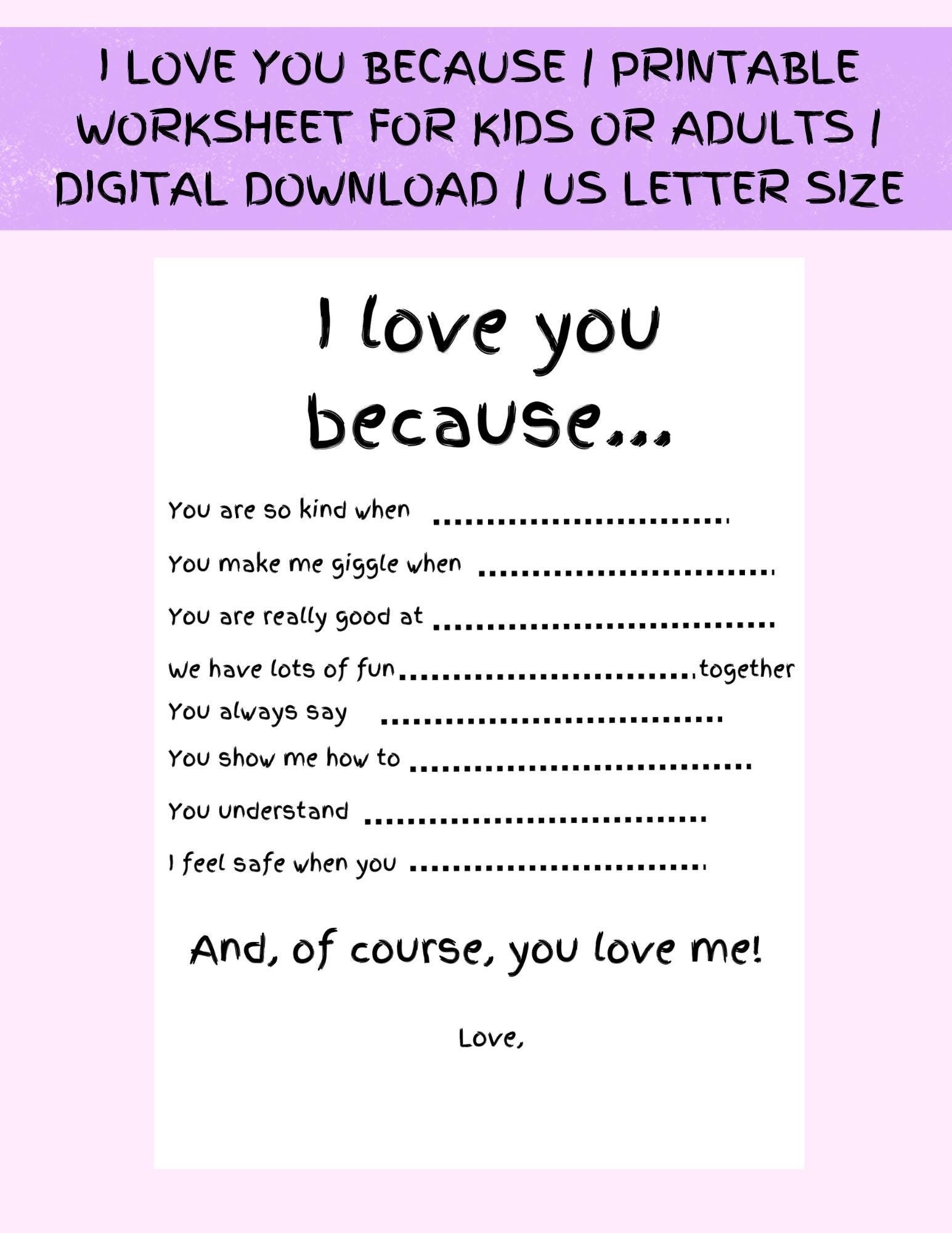 I Love You Because Printable Gift Worksheet For Kids Or Adults 