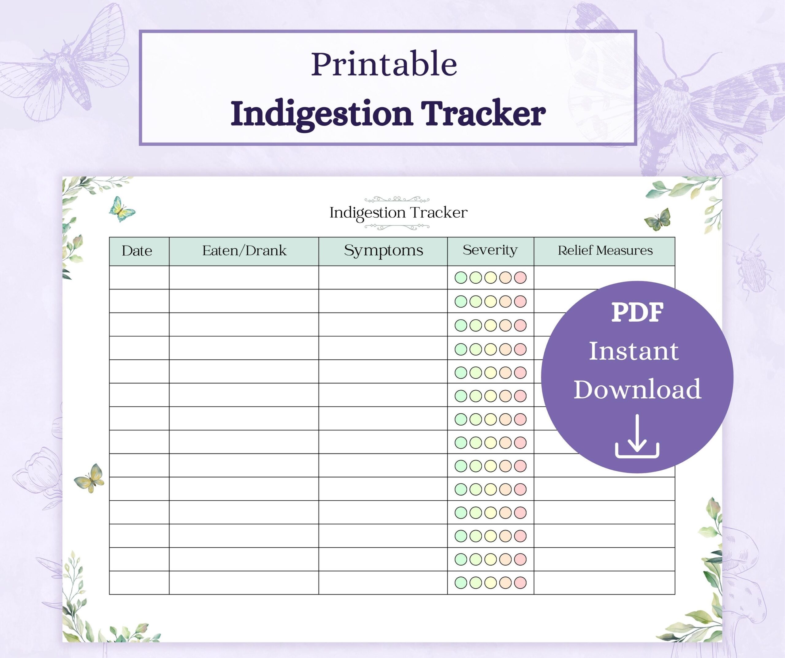 Indigestion Tracker Printable PDF Symptom Tracker Acid Reflux 