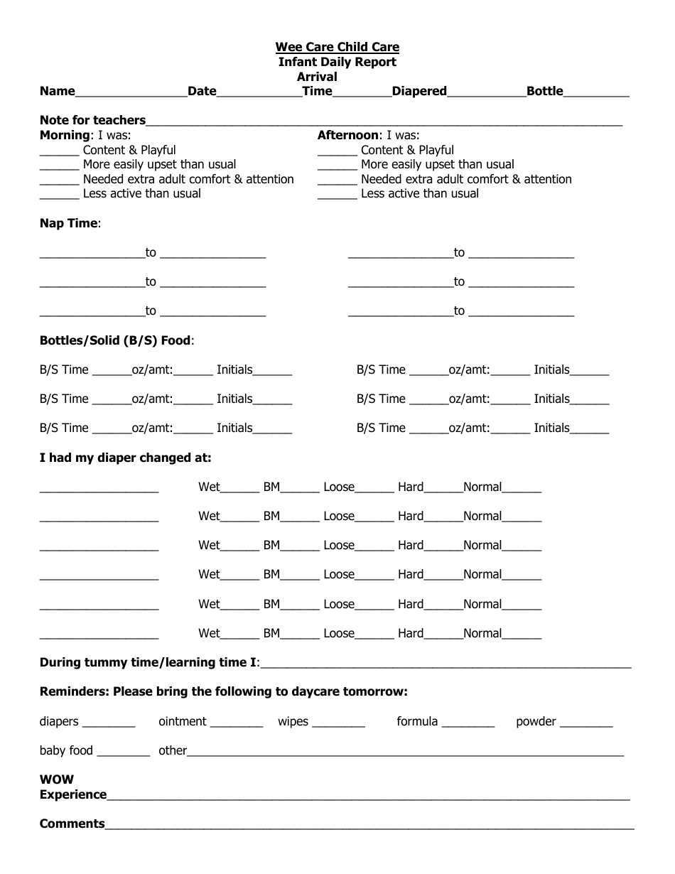 infant daily report template printable