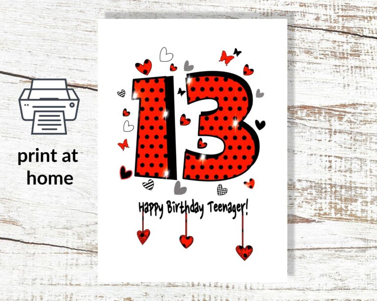 Instant Download 13th Birthday Card To Print At Home Downloadable