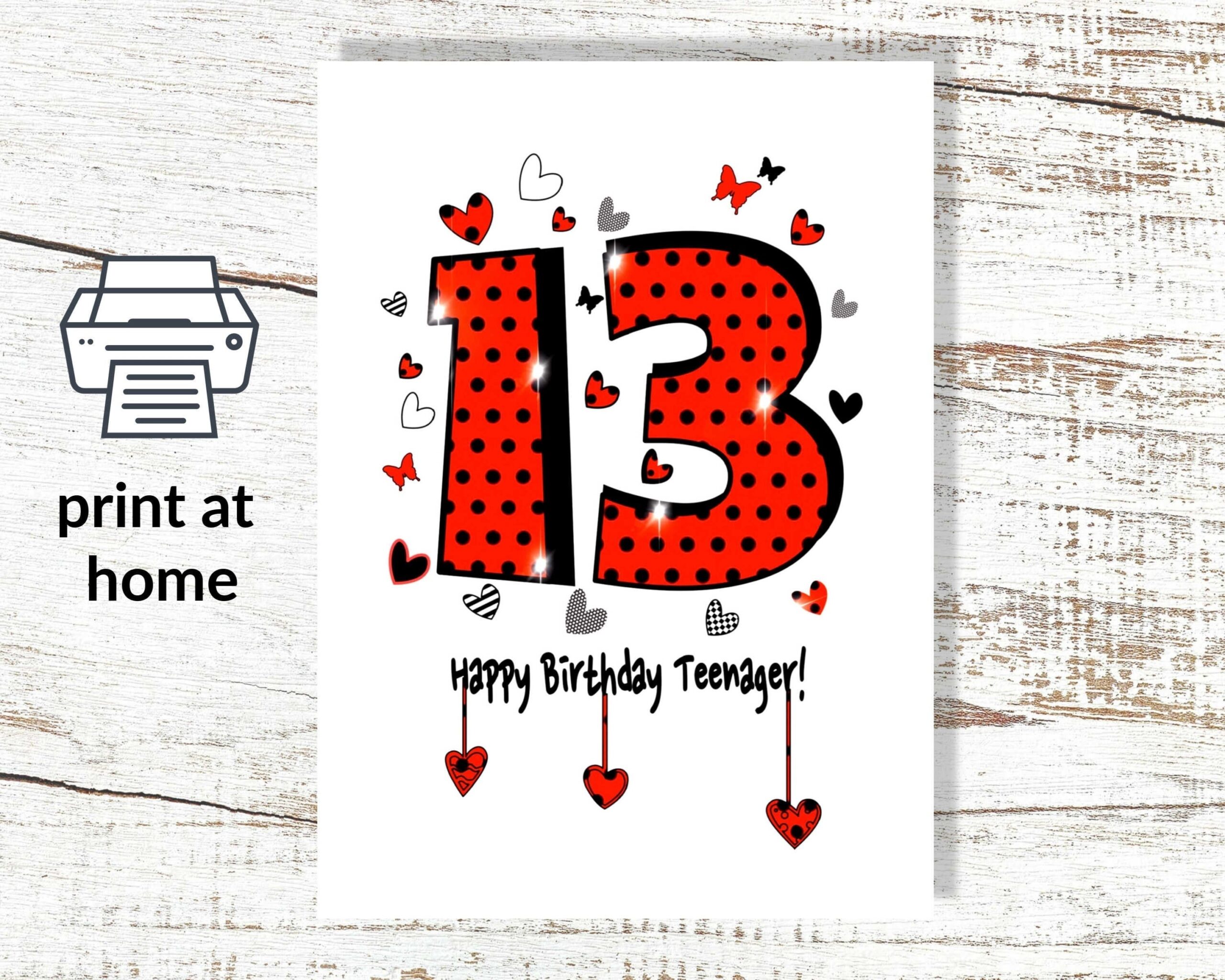Instant Download 13th Birthday Card To Print At Home Downloadable 