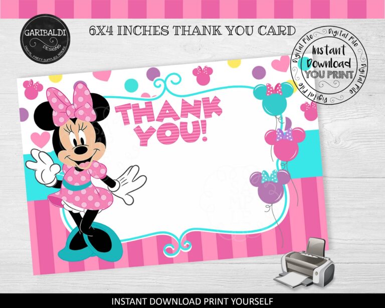 Instant Download Minnie Thank You Card Printable Minnie Thank You Note Minnie Thank You Party Card FTB1