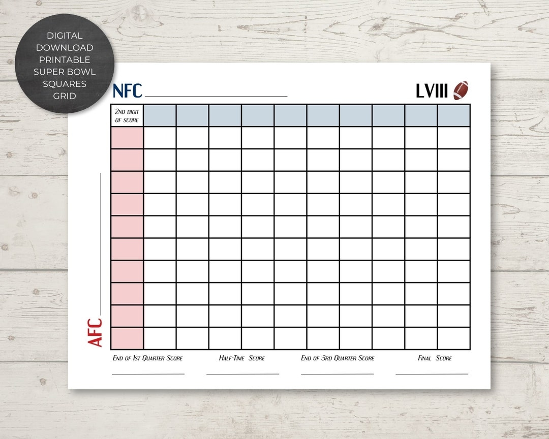 Instant Download Printable Super Bowl Squares Grid Super Bowl 