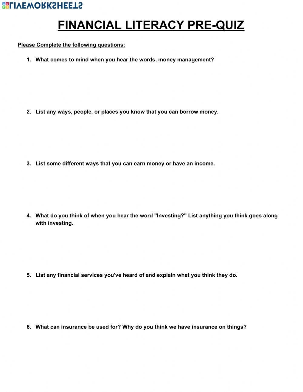 Intro To Financial Literacy Pre Quiz Worksheet Live Worksheets 