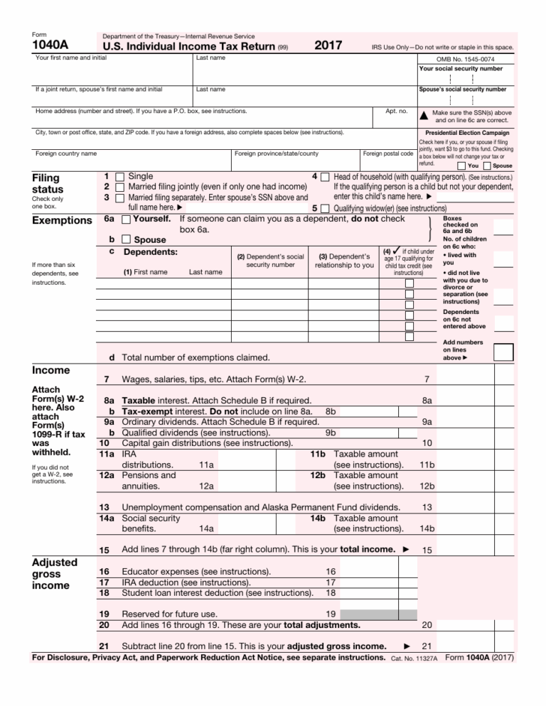 IRS Form 1040A 2017 Fill Out Sign Online And Download Fillable PDF Templateroller
