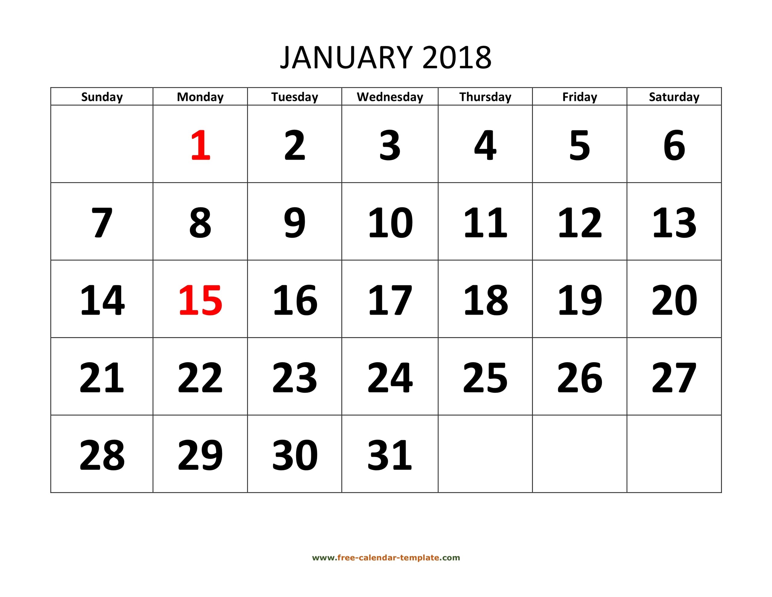 January 2018 Free Calendar Tempplate Free calendar template