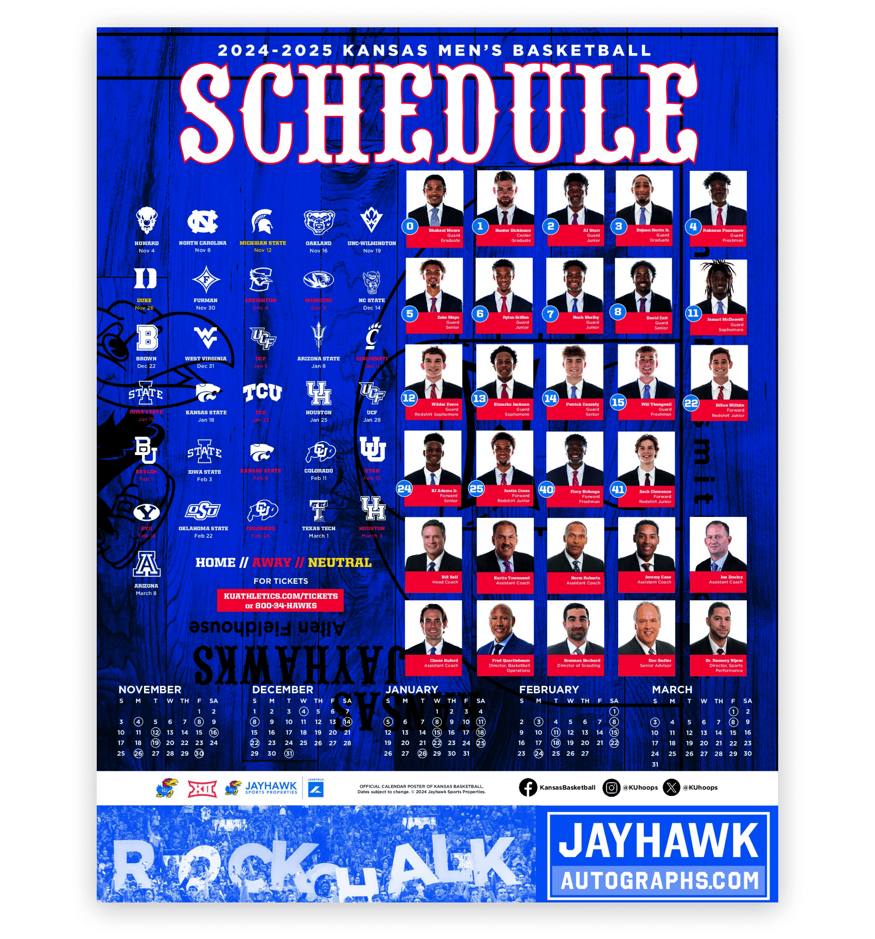Jayhawk Autographs Buy 2024 2025 Men s Basketball Schedule Poster Limited Quantities 