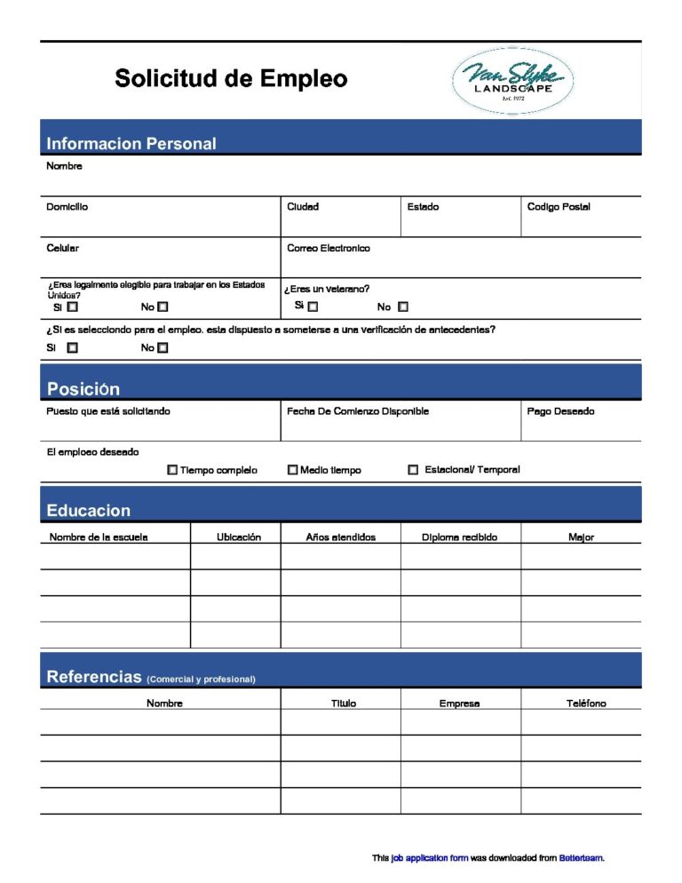 Job application form spanish Van Slyke Landscape Inc Design 