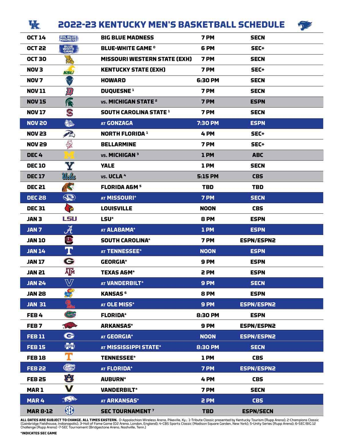 Kentucky Basketball Schedule 2022 2023 KY Supply Co