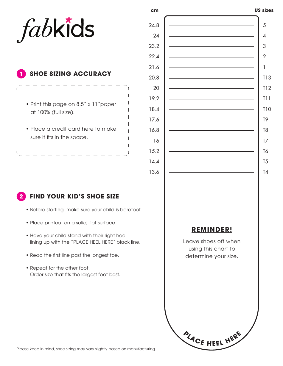 kids printable shoe size chart