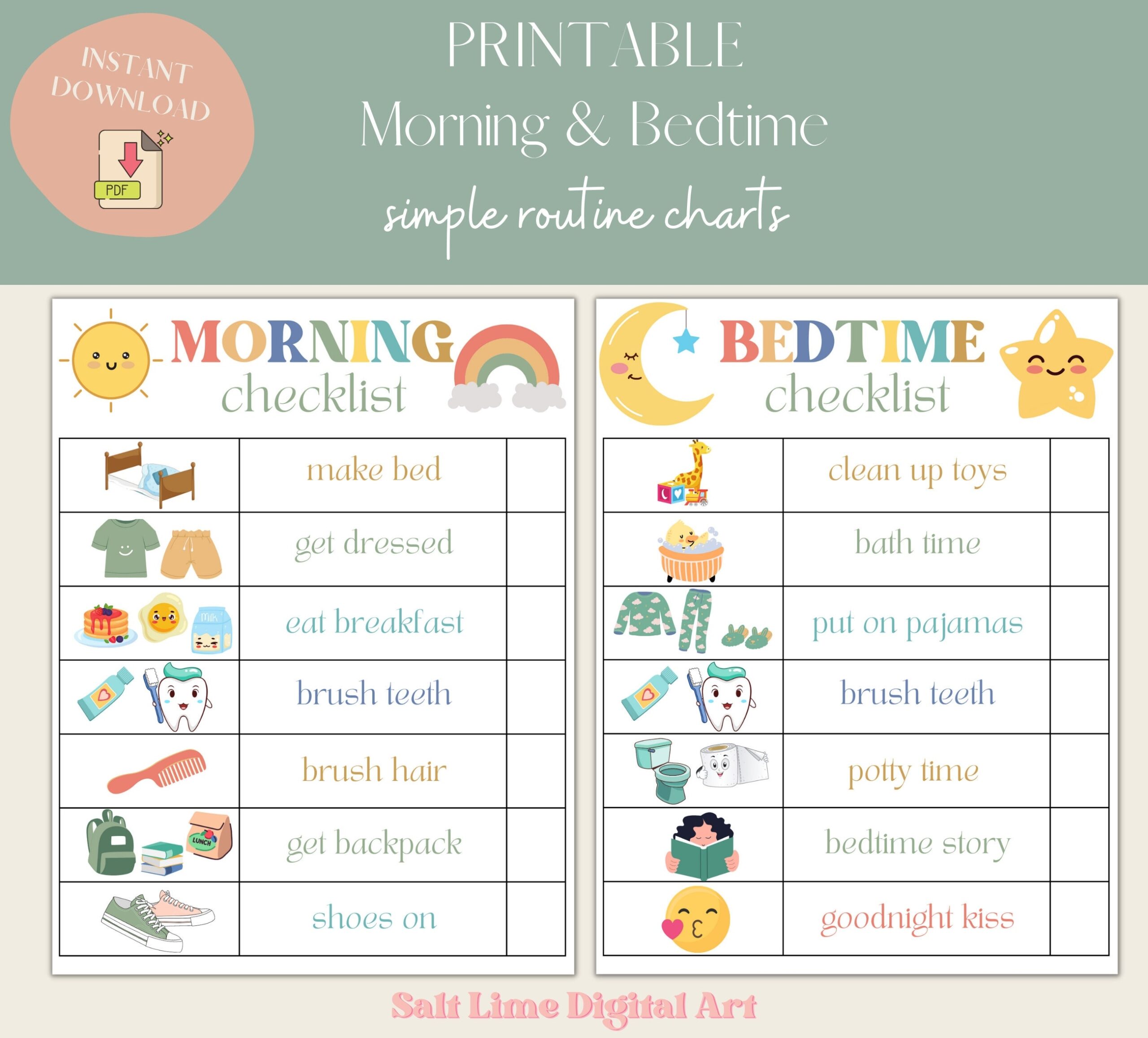 Kids Morning U0026 Bedtime Routine Chart Printable Checklist PDF Etsy