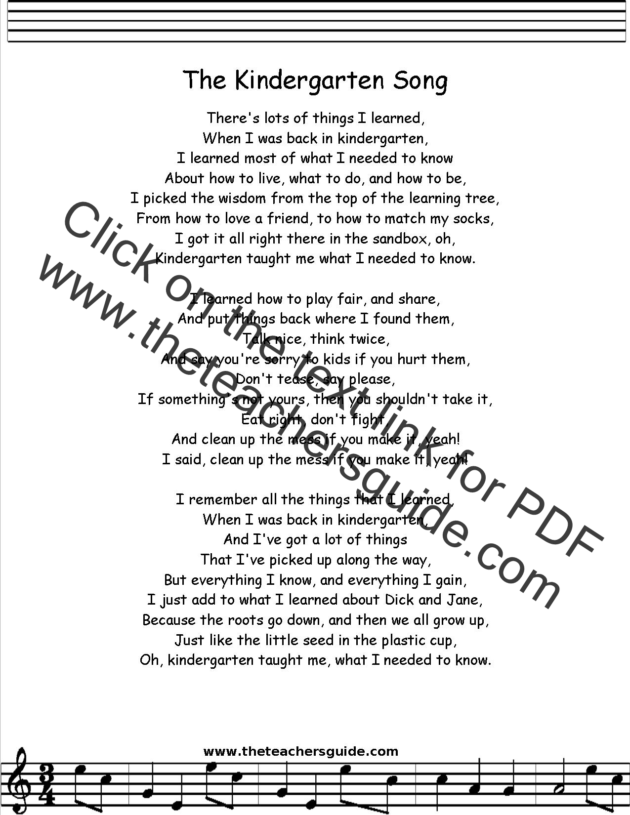 Kindergarten Song Lyrics Printout MIDI And Video