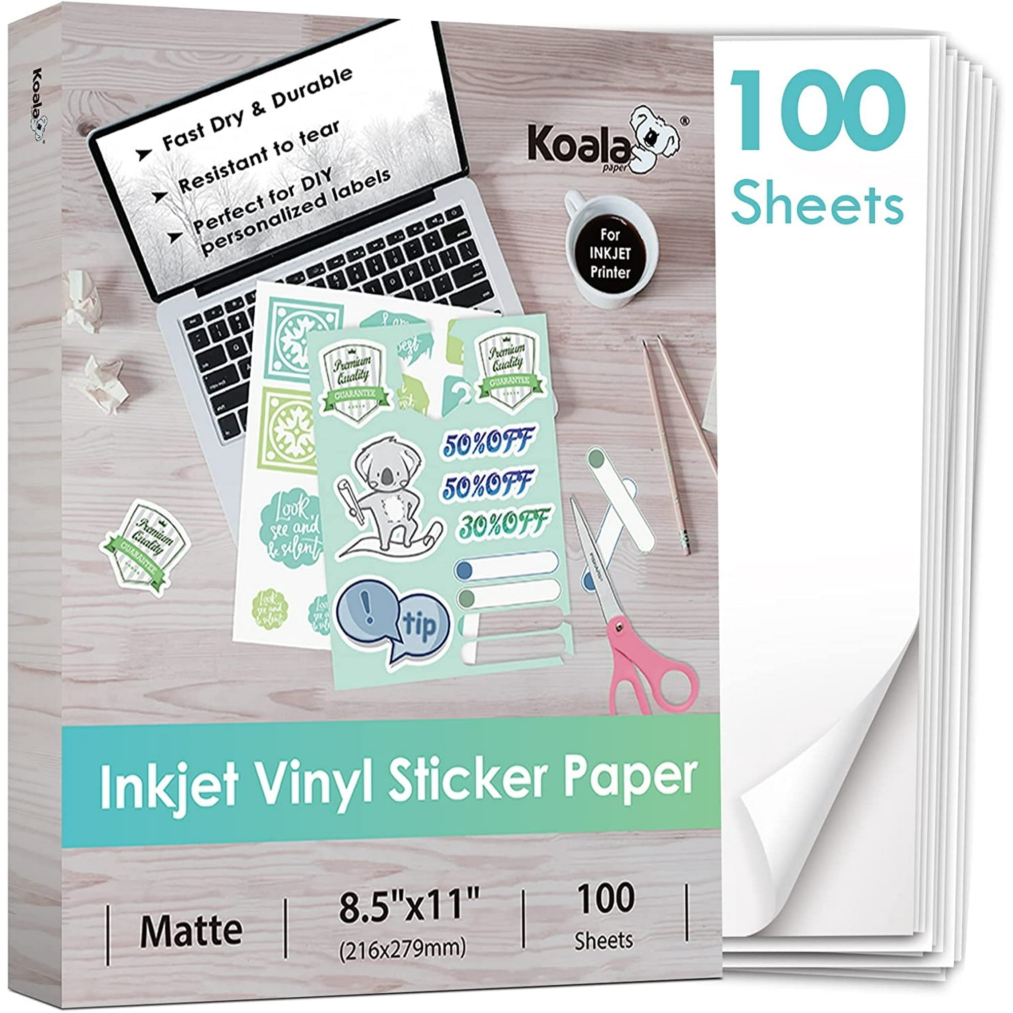 Koala Premium Vinyl Sticker Paper For Inkjet 100 Sheets Waterproof 8 5x11 Inch Cricut Compatible Walmart
