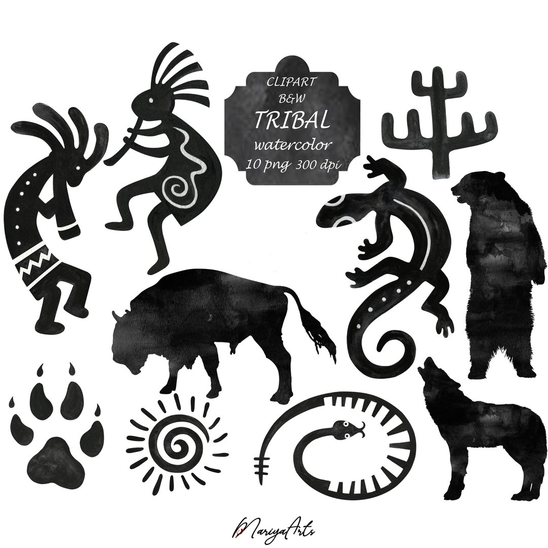 Kokopelli Native American Symbols Watercolor Clipart Kokopelli Legends Black Silhouettes PNG Wolf Bison Bear Paw Print Snake Spiral Lizard Etsy