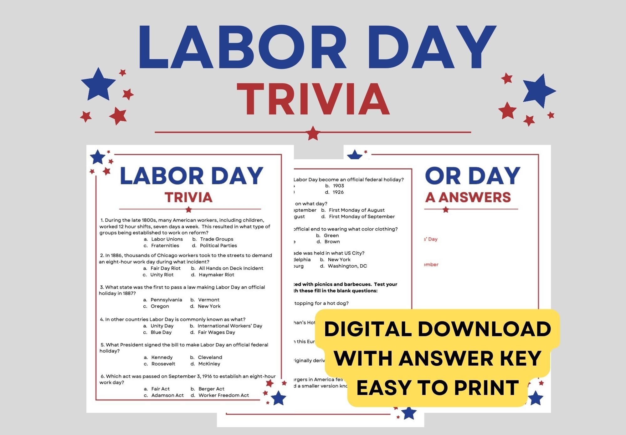 Labor Day Trivia And Answer Key Instant Digital Download PDF 