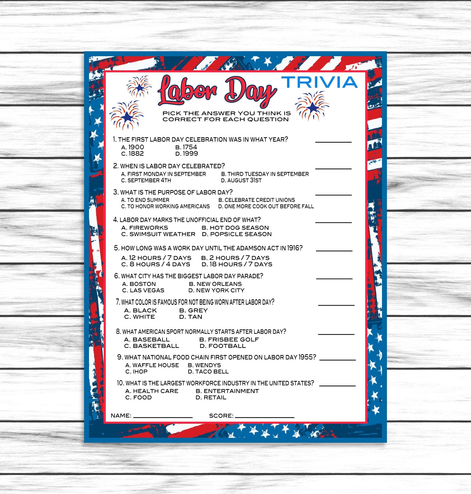 Labor Day Trivia Game Party Game Labor Day Party Game Labor Day 