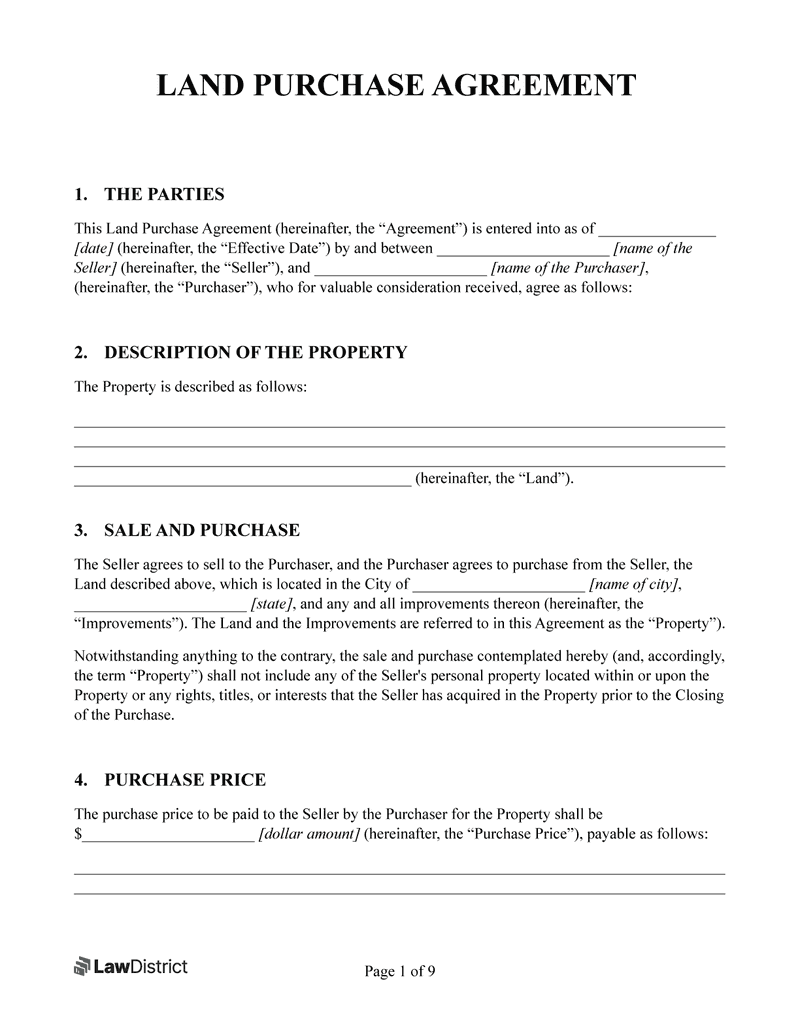 Land Purchase Agreement Land Contract Free PDF Form LawDistrict