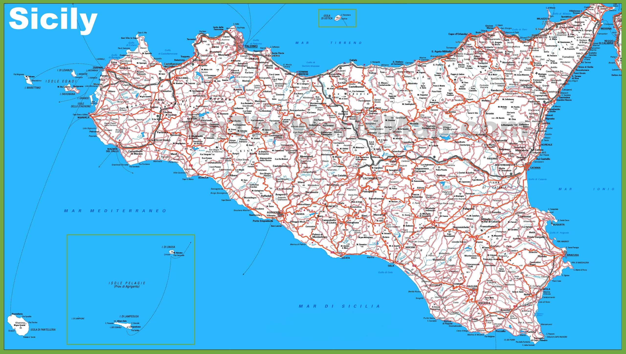 Large Detailed Map Of Sicily With Cities And Towns Ontheworldmap Large Detailed Map Of Sicily With Cities And Towns Ontheworldmap