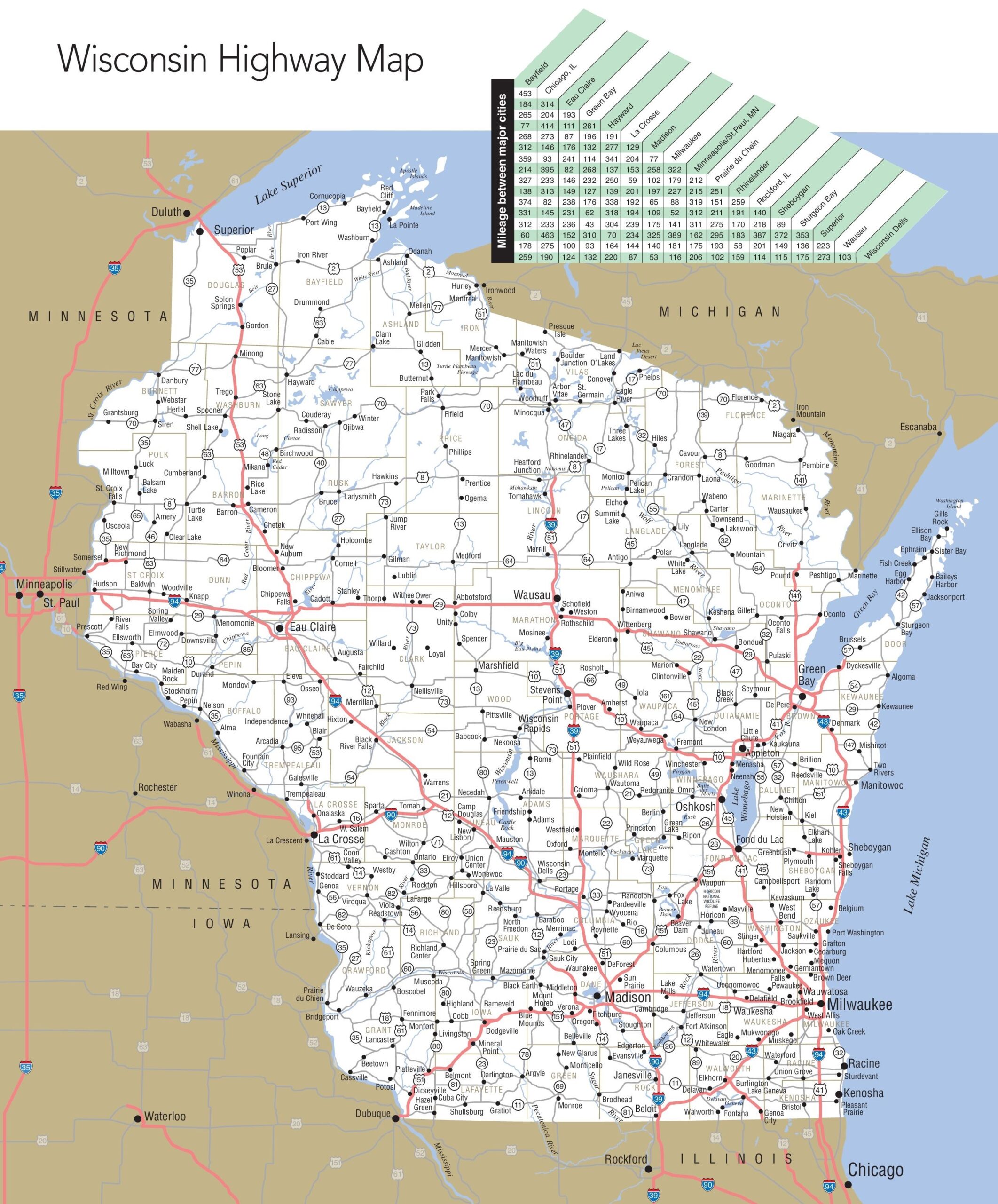 Large Detailed Map Of Wisconsin With Cities And Towns 