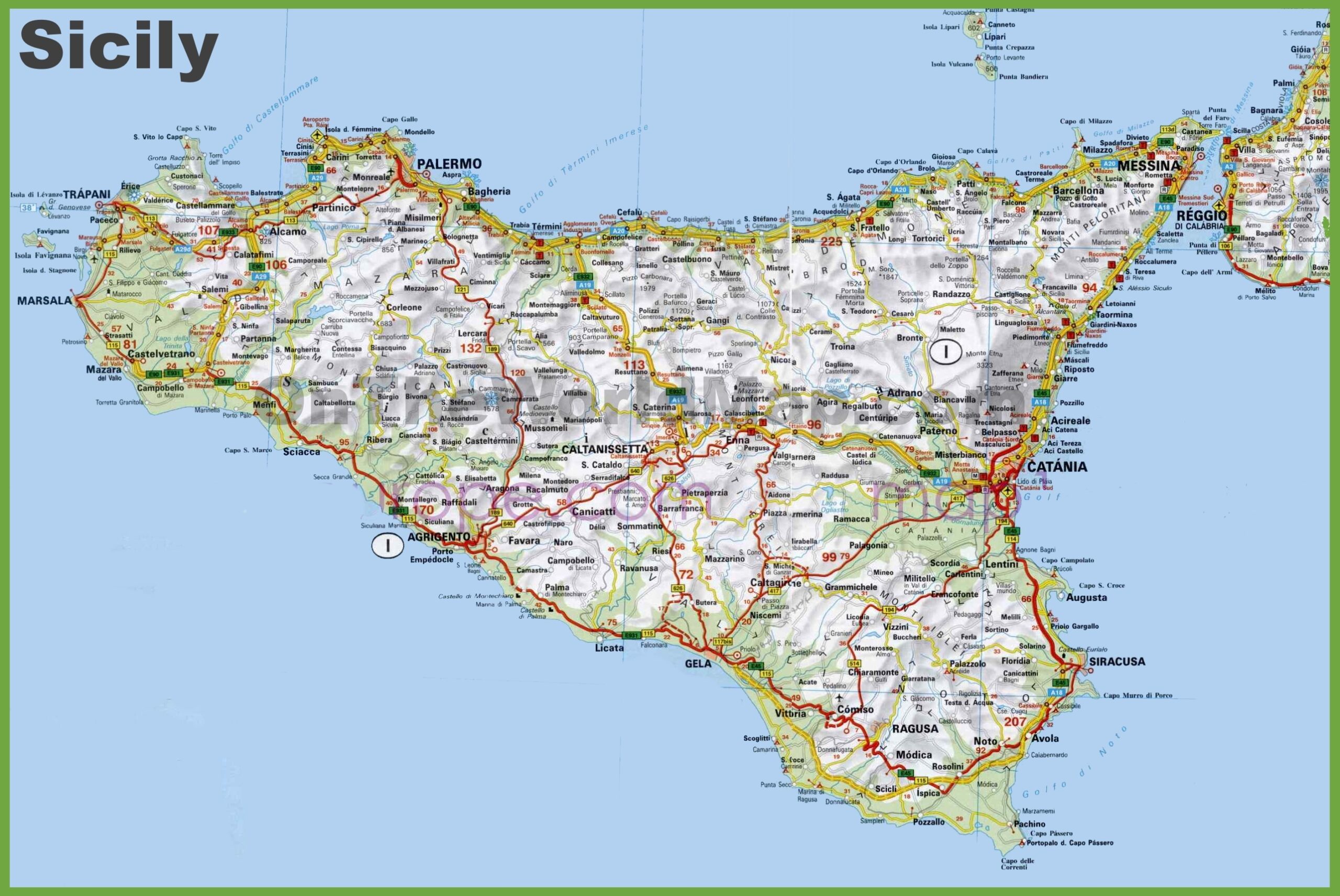Large Detailed Road Map Of Sicily Ontheworldmap Large Detailed Road Map Of Sicily Ontheworldmap