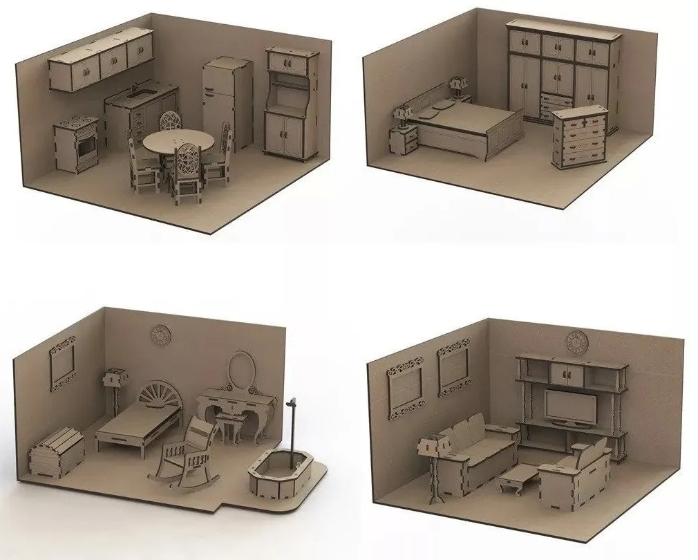  Laser Cut Dollhouse Kit Mini Furniture Cnc Cdr Free 3D File 