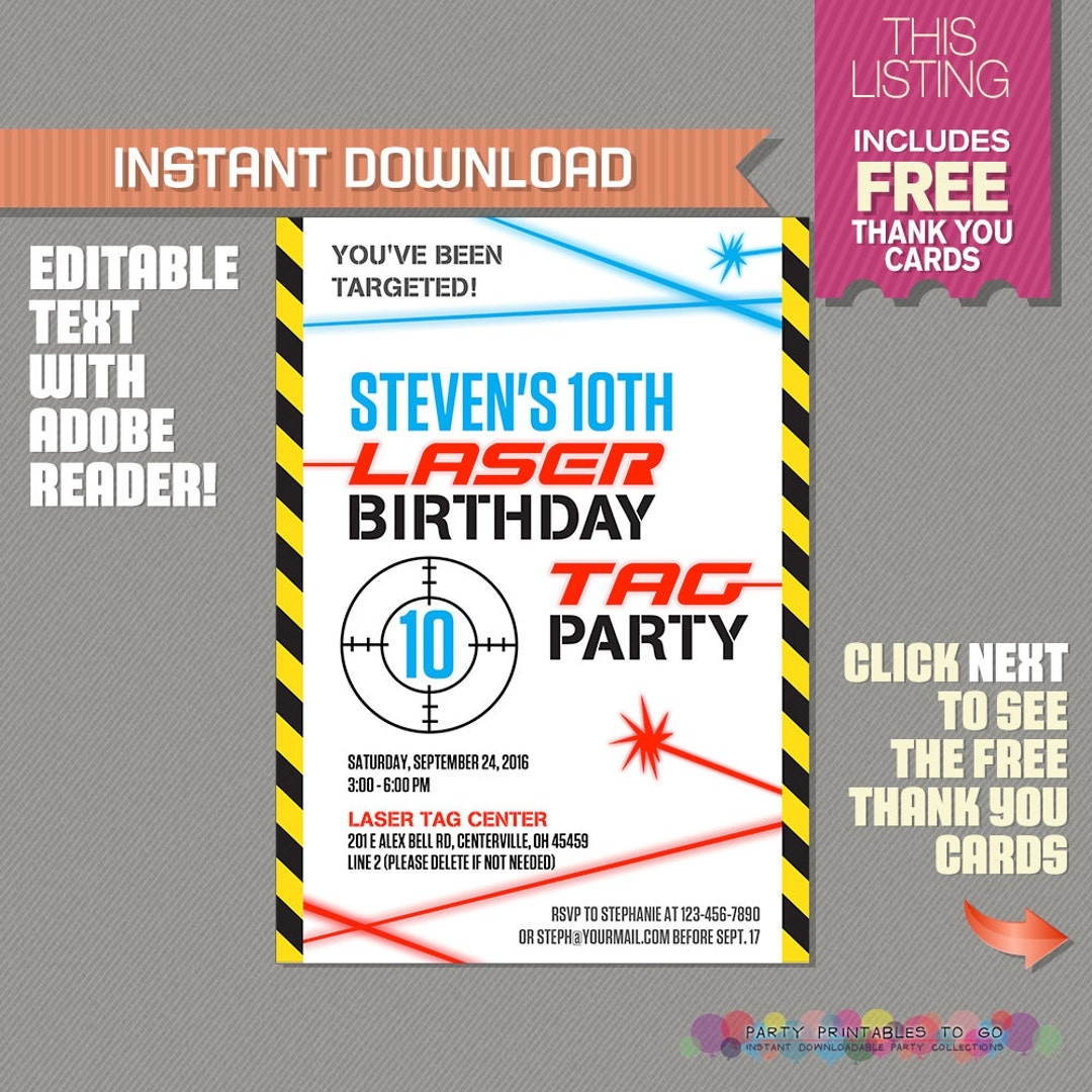 Laser Tag Invitation With FREE Thank You Card Laser Tag Party Instant Download Edit And Print At Home With Adobe Reader Etsy