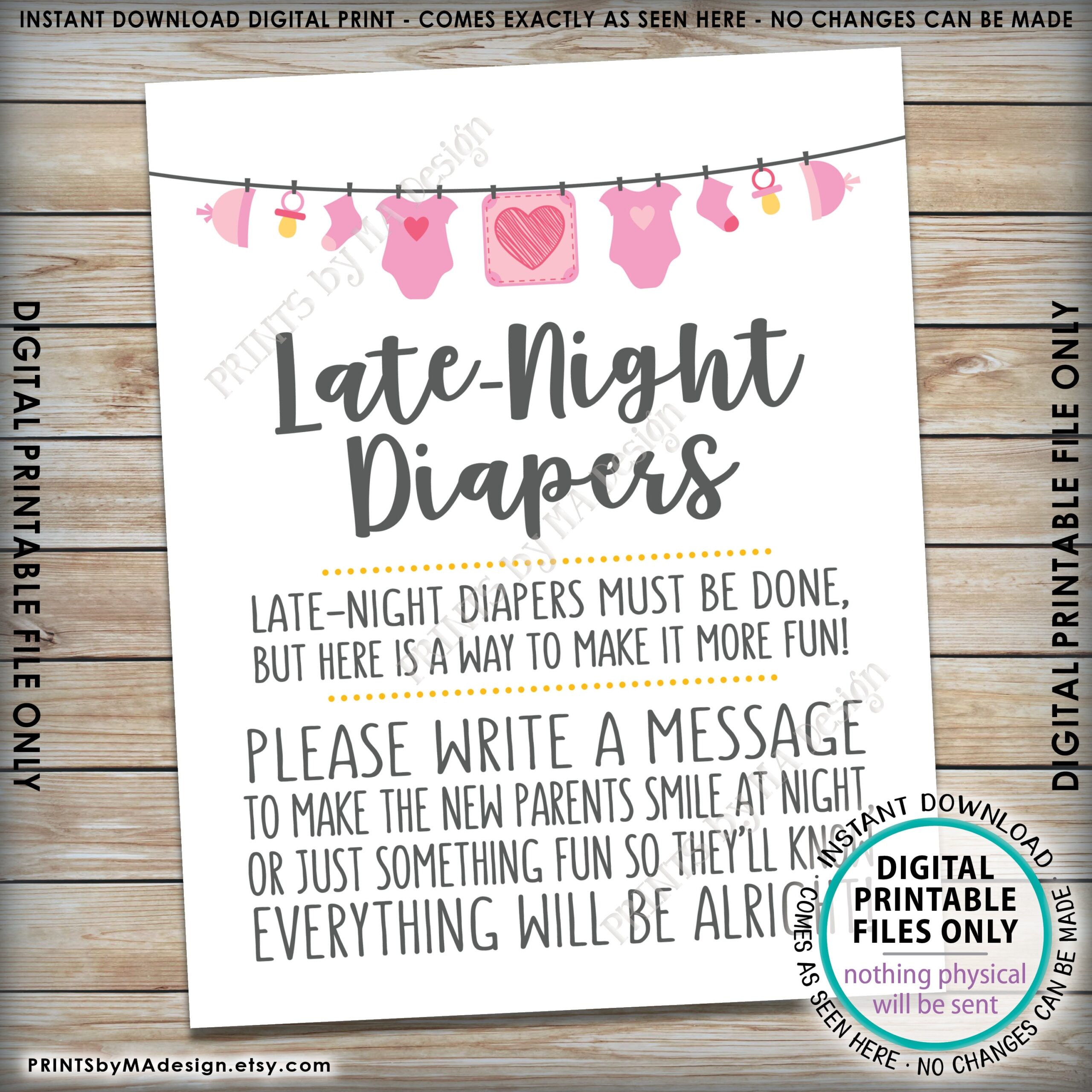 Late Night Diaper Sign Late Night Diapers Sign The Diaper Thoughts It s A Girl Pink PRINTABLE 8x10 Baby Shower Game Sign