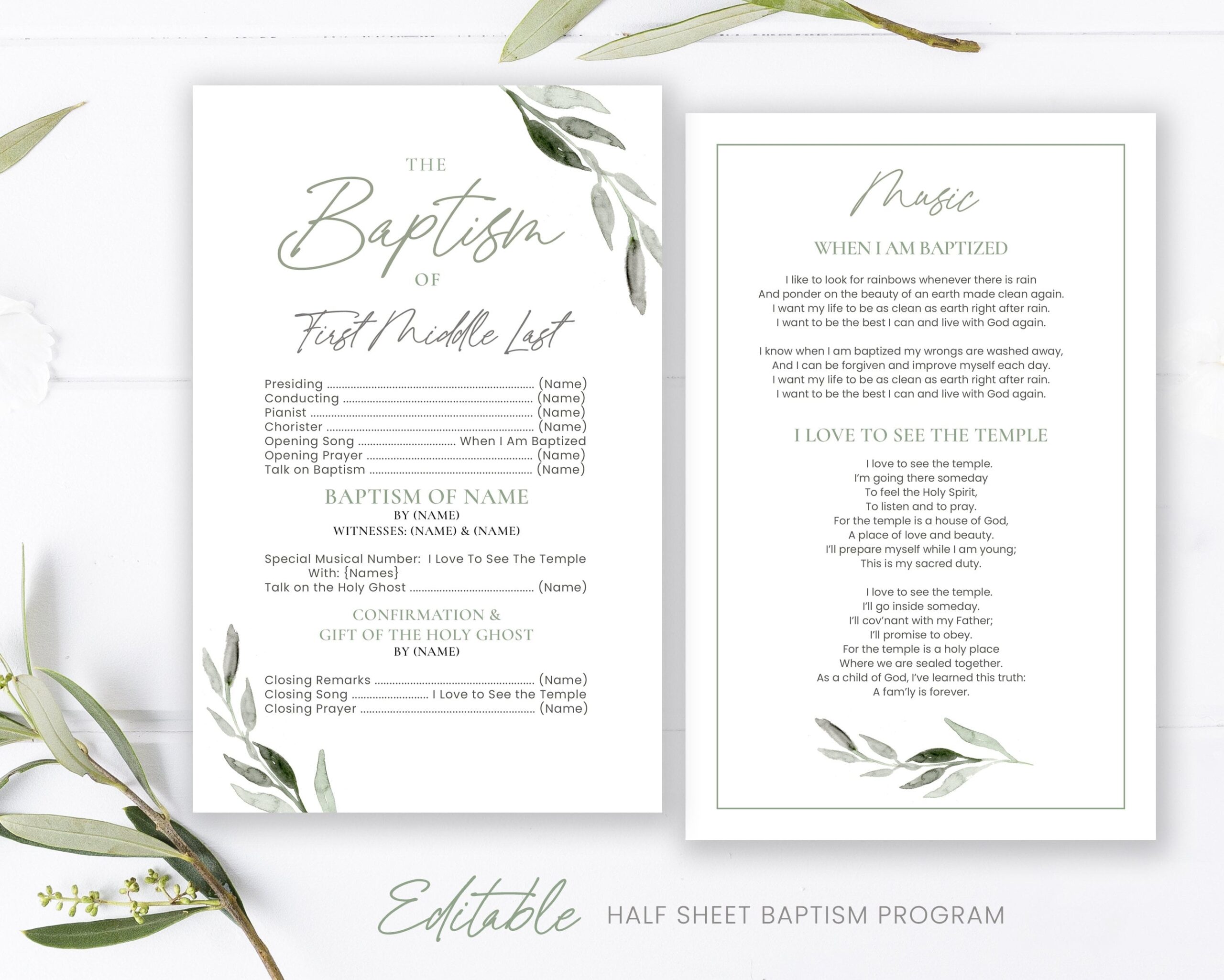 LDS Baptism Program 1 2 Sheet Baptism Program LDS Editable 