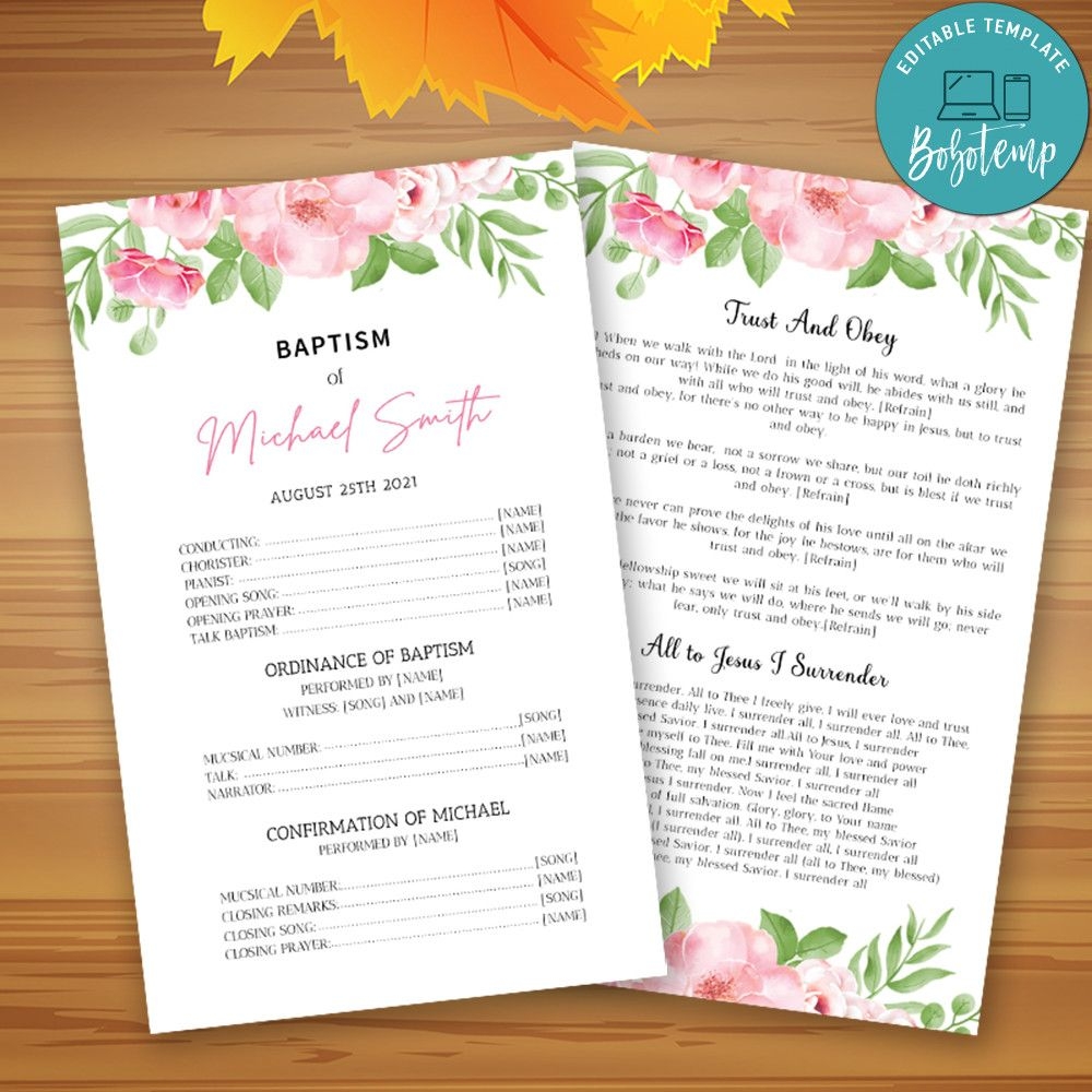 LDS Baptism Program Customizable Template Instant Download Bobotemp