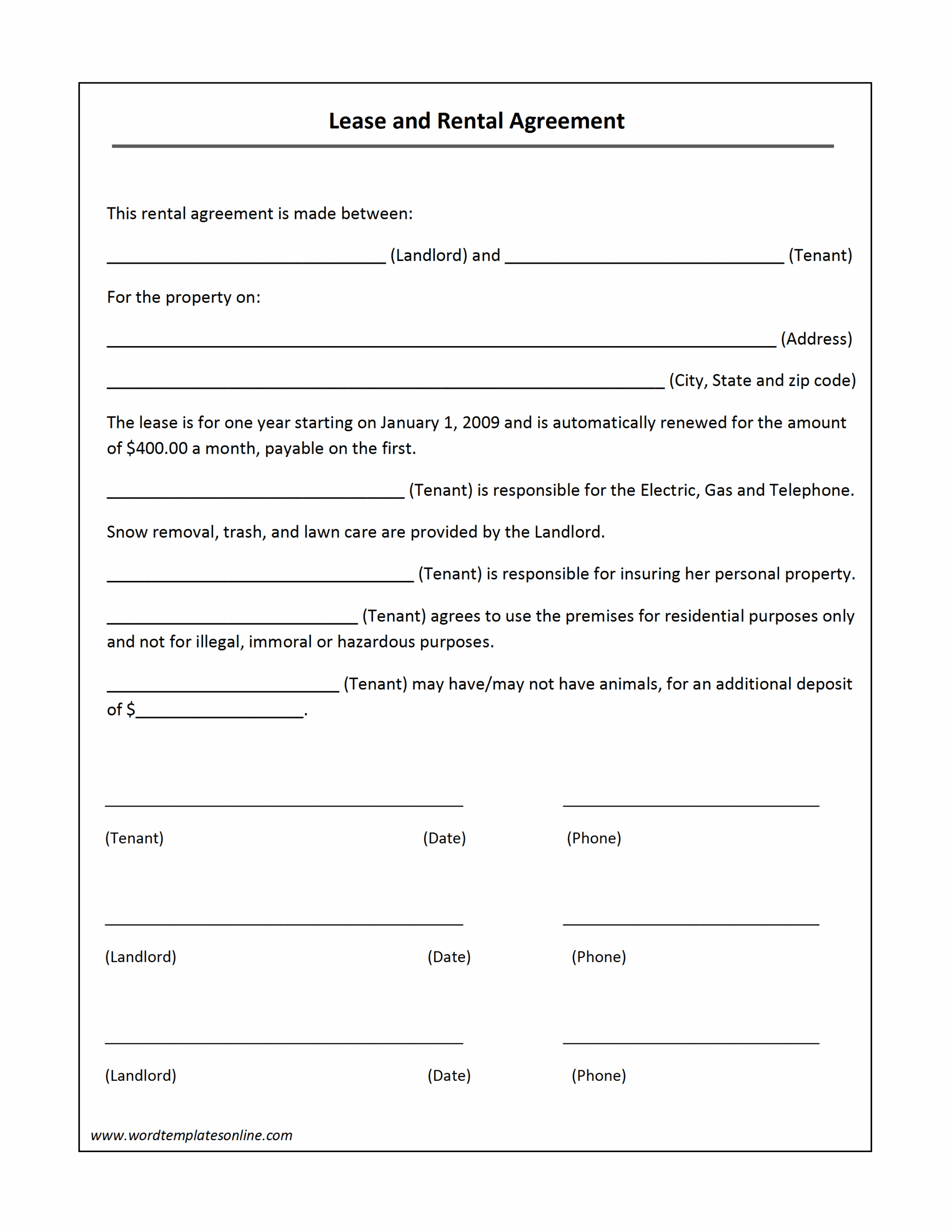 free printable basic rental agreement word