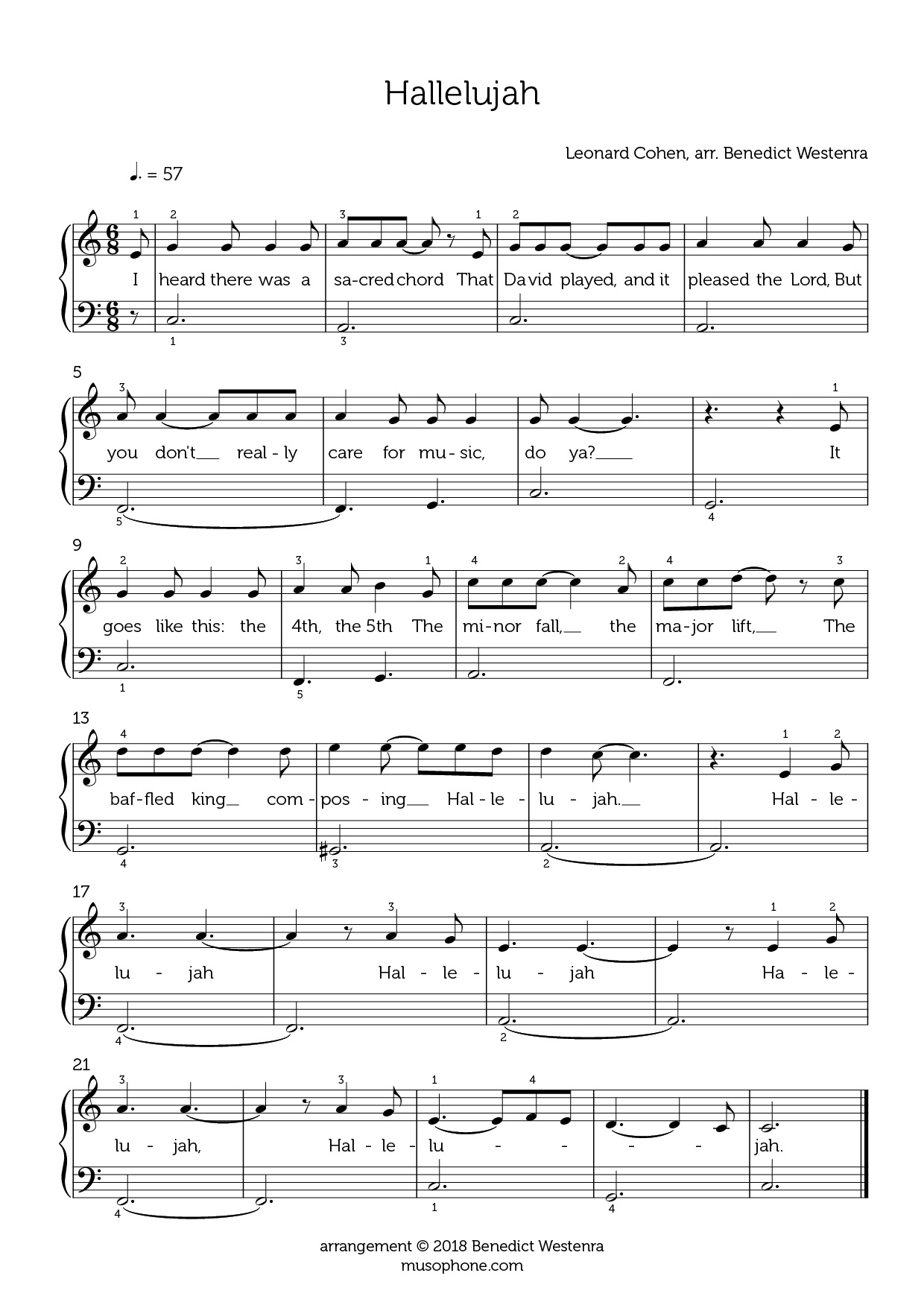Leonard Cohen Hallelujah Beginner Piano Arrangement
