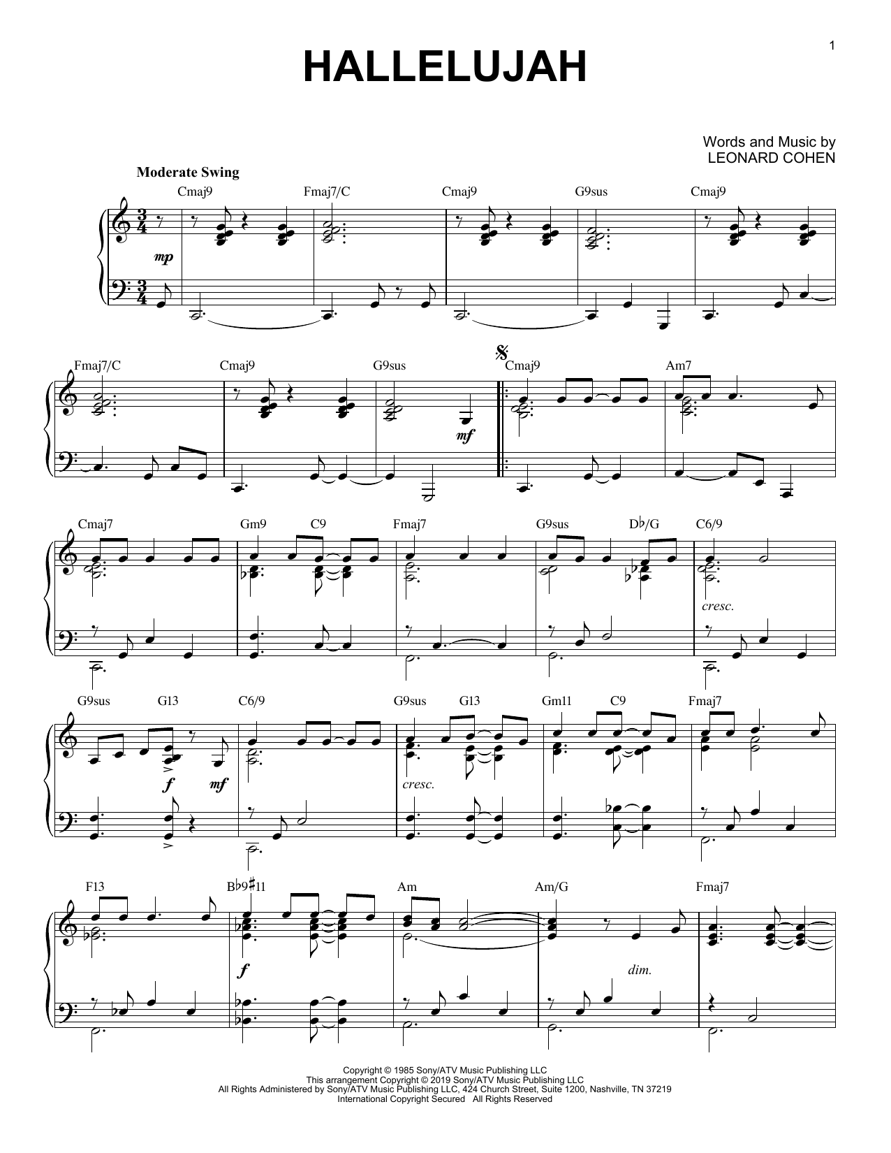 Leonard Cohen Hallelujah Sheet Music Notes Chords Download Printable Piano Solo PDF Score SKU 431804