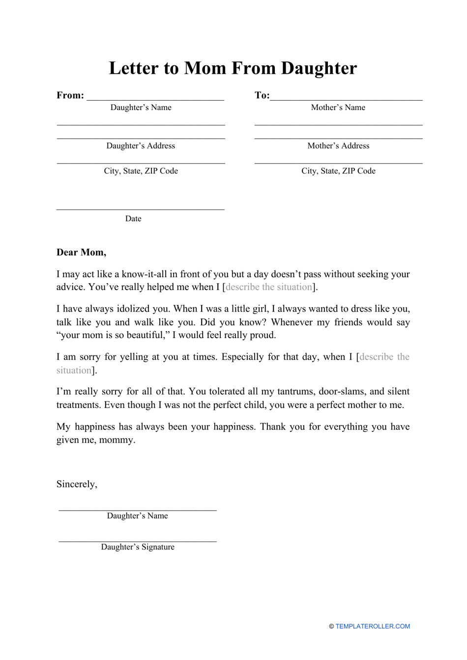 Letter To Mom From Daughter Template Download Printable PDF Templateroller