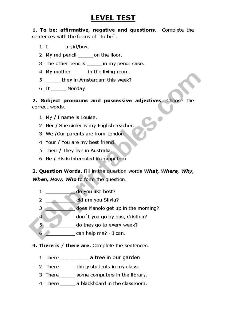 Level Test ESL Worksheet By Kattylmg