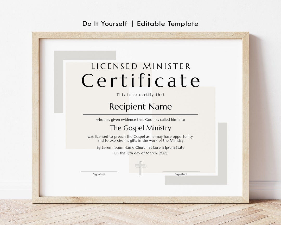 Licensed Minister Certificate Template Editable Printable Certificate Of License License To Preach Ordination Certificate Download Jet318 Etsy