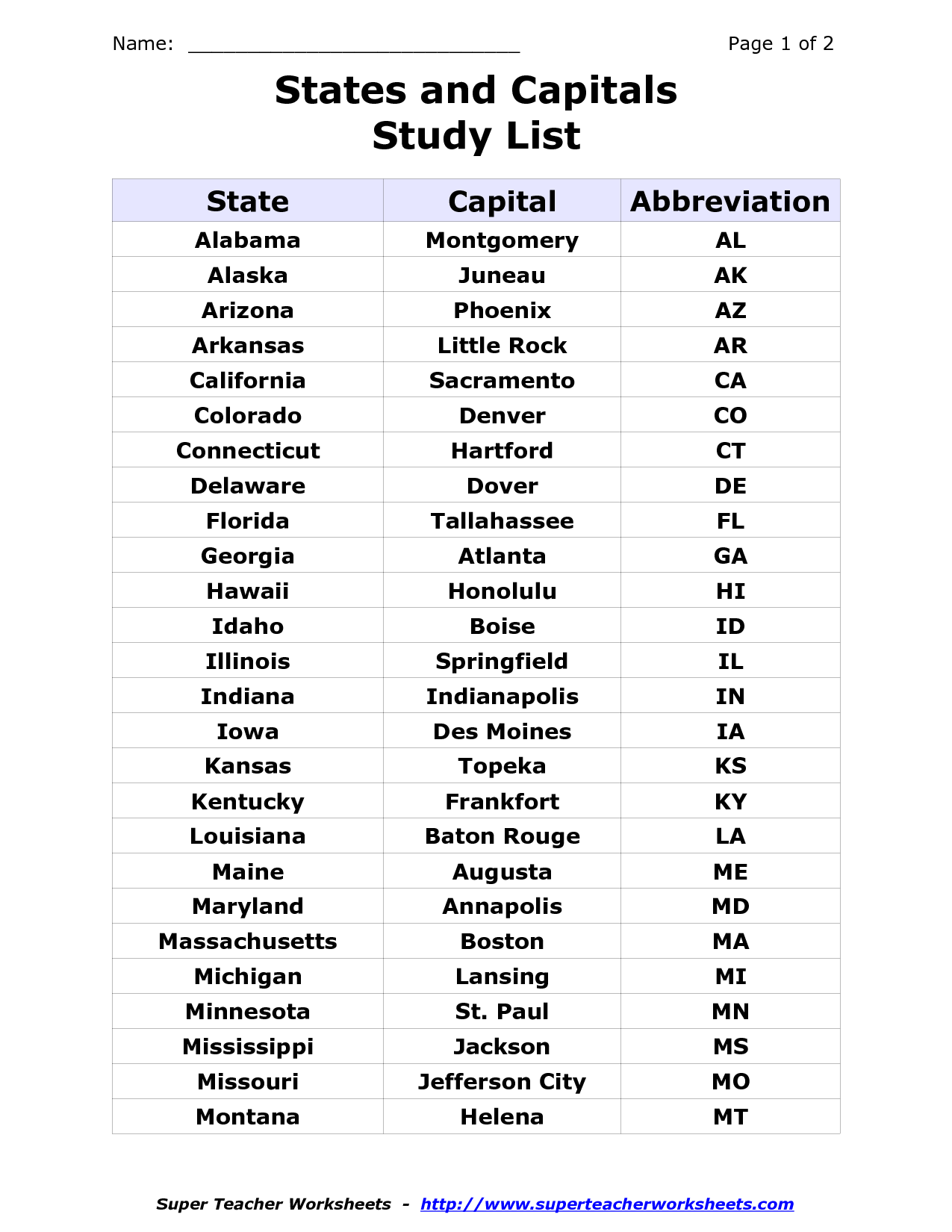 List Of The 50 States List Of States Printable Alphabetical List 