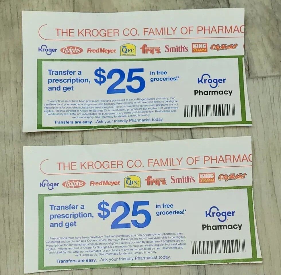 LOT OF 2 KROGER COUPONS 25 PRESCRIPTION TRANSFER CREDIT GROCERIES NO EXPIRATION EBay