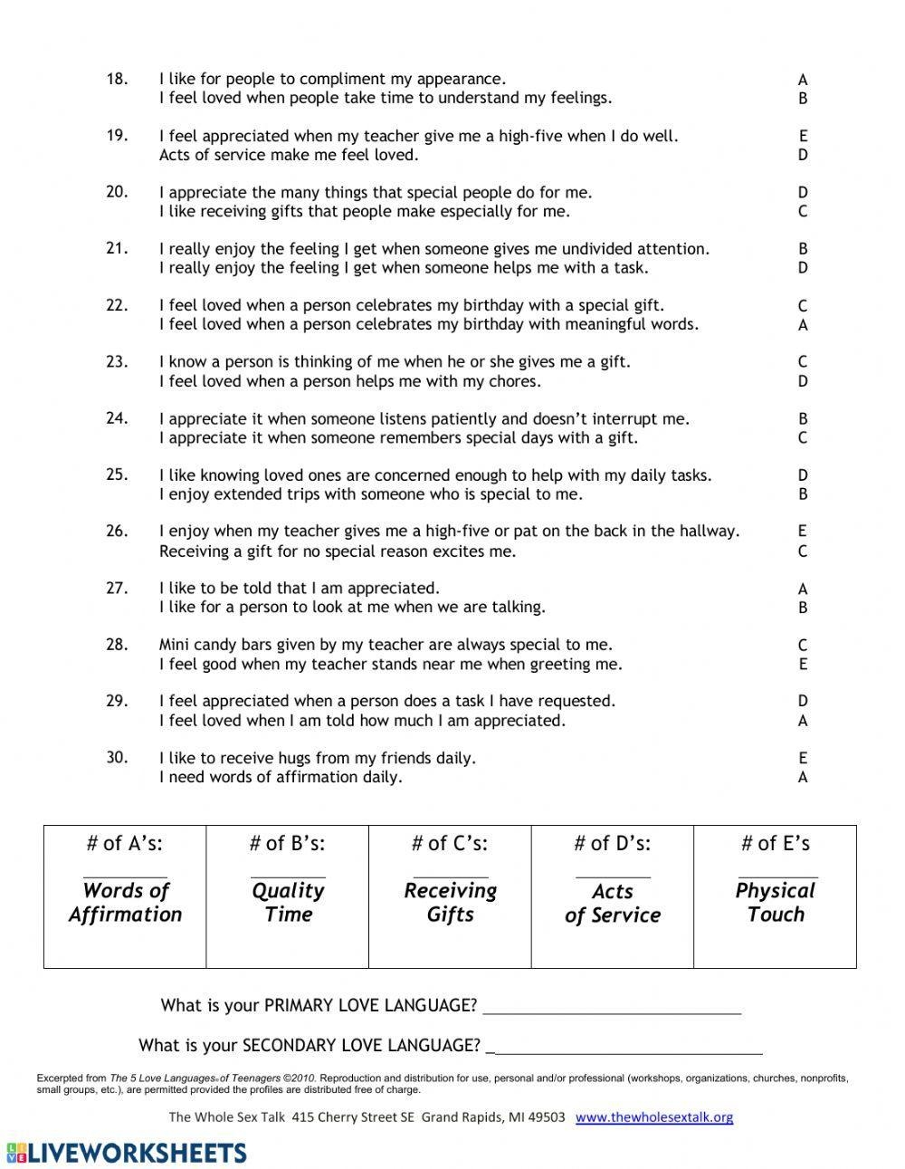 Love Language Quiz For Kids Aalpert Live Worksheets Library