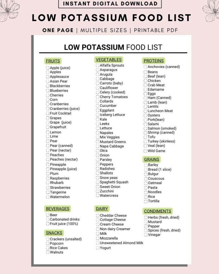 Low Potassium Food List Renal Diet Guide digital Download Etsy
