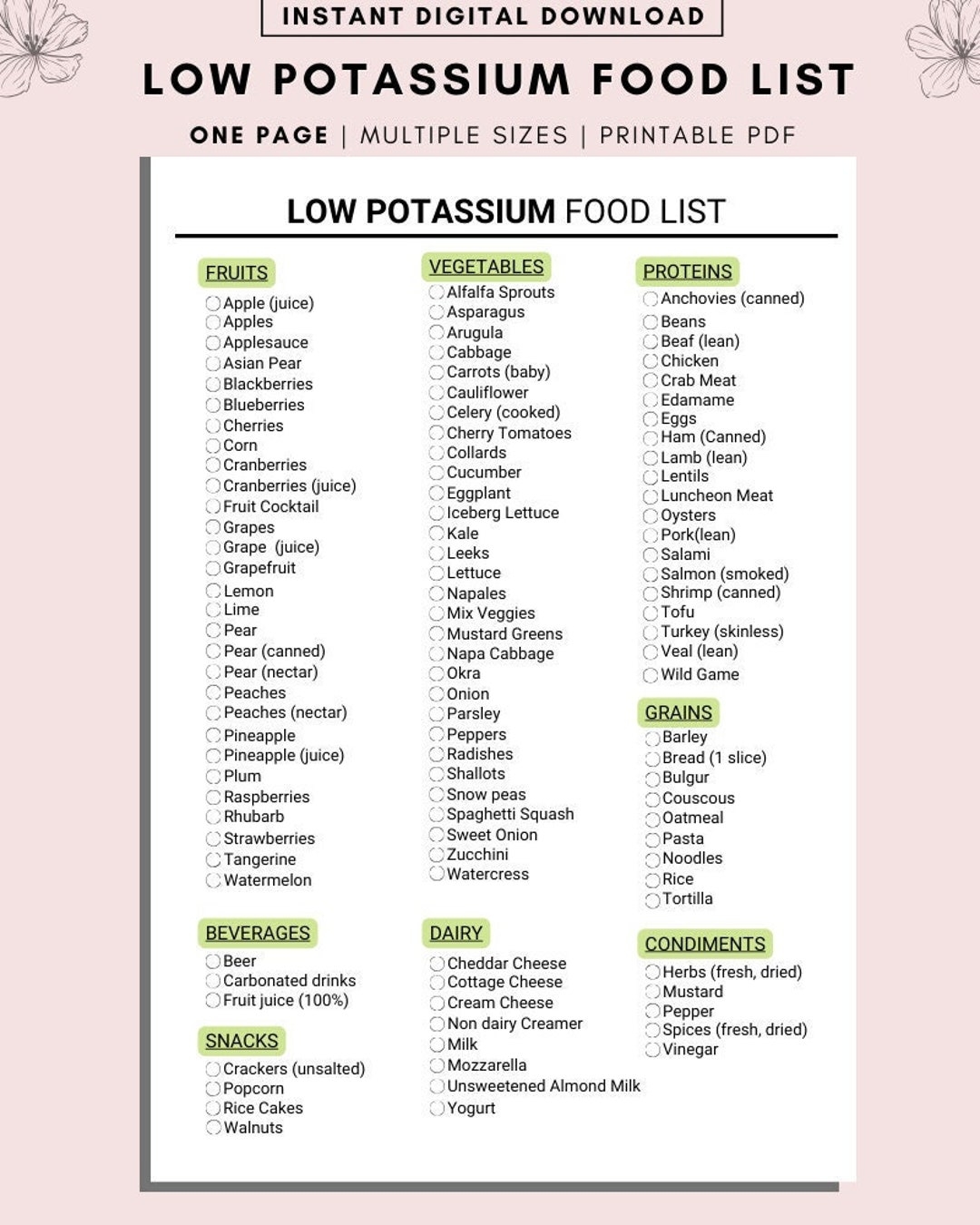 Low Potassium Food List Renal Diet Guide digital Download Etsy Low Potassium Food List Renal Diet Guide digital Download Etsy
