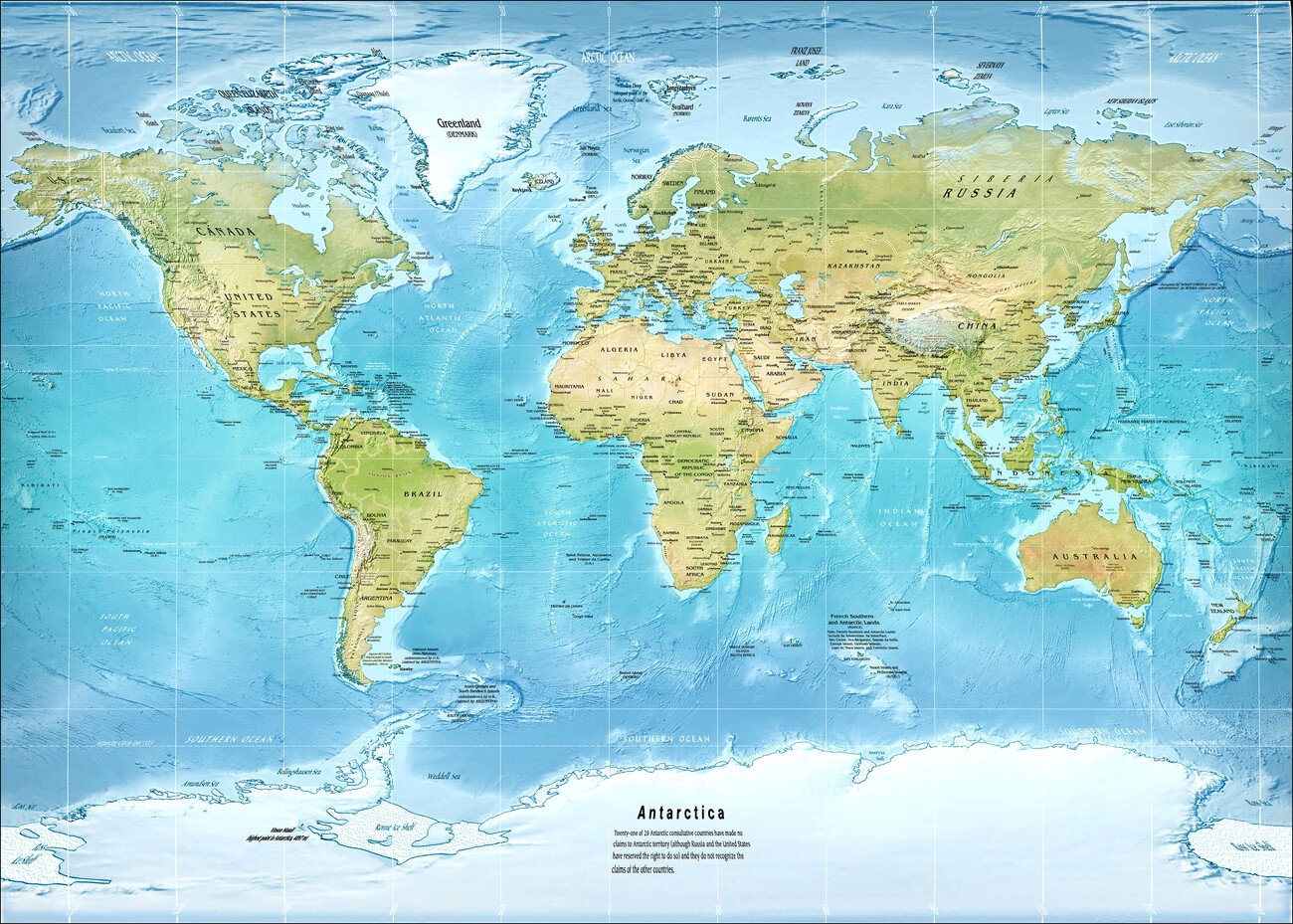 Map Physical World Map Miller Projection Poster