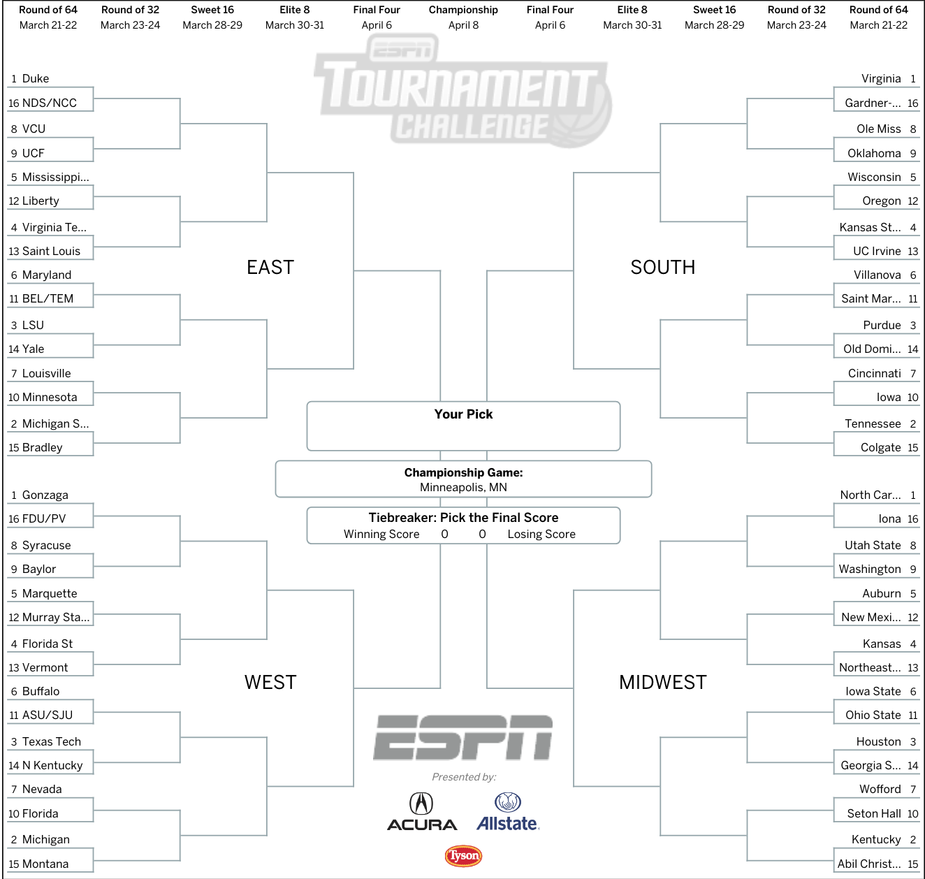 March Madness 2019 Get Your Printable NCAA Bracket From ESPN ABC7 San Francisco