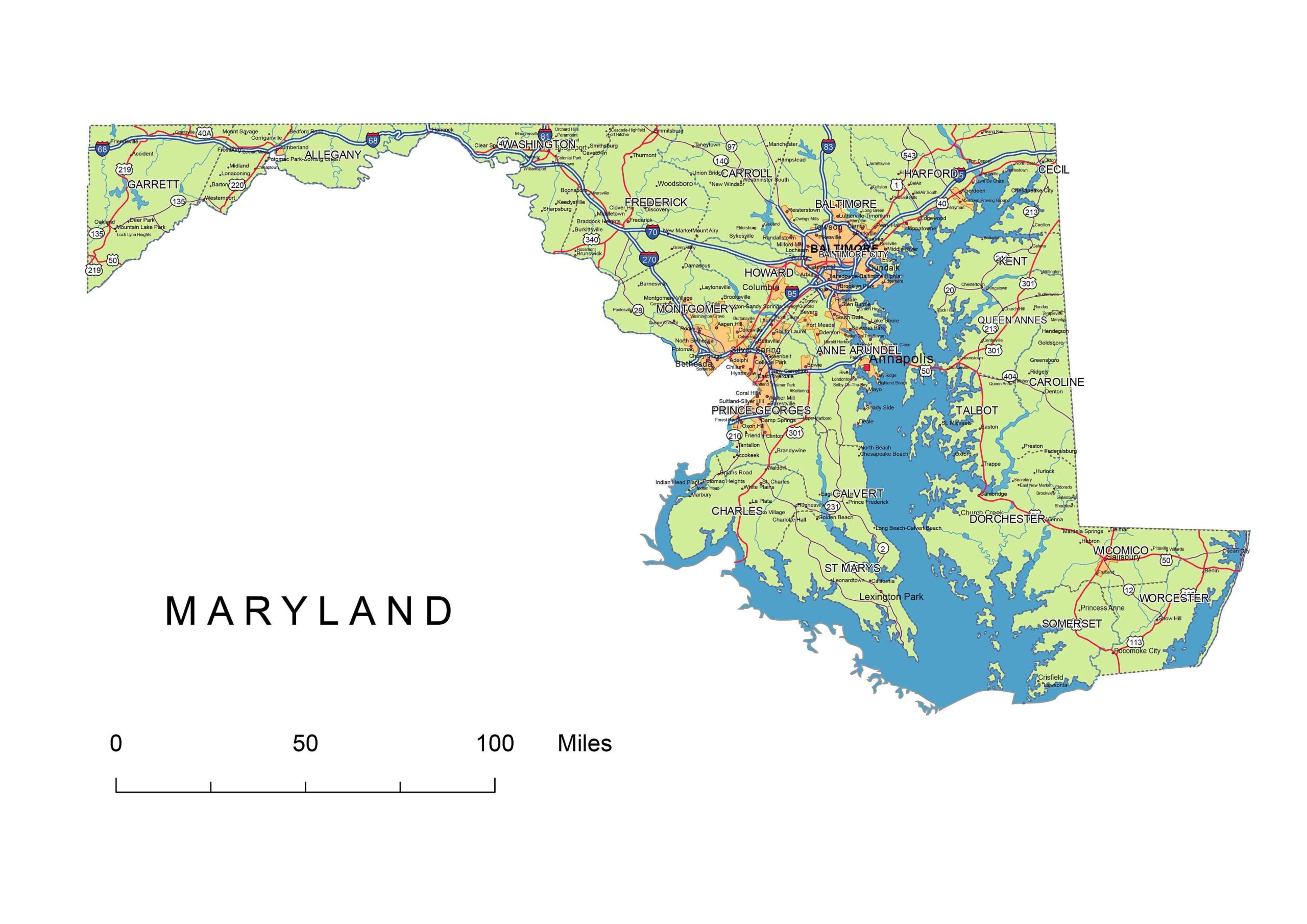 Maryland State Vector Road Map Printable Vector Maps