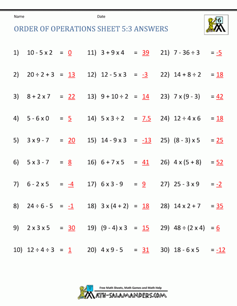 Math Worksheets Order Of Operations Or PEMDAS Worksheets Library