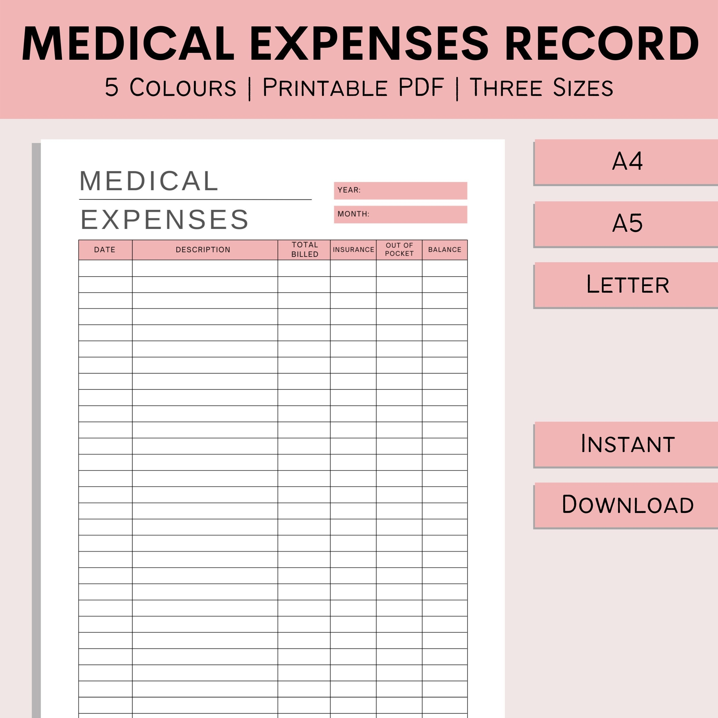 Medical Expense Record Medical Spending Tracker Printable Cost Tracker Medical Finance Sheet Health Record PDF A4 A5 Letter Etsy